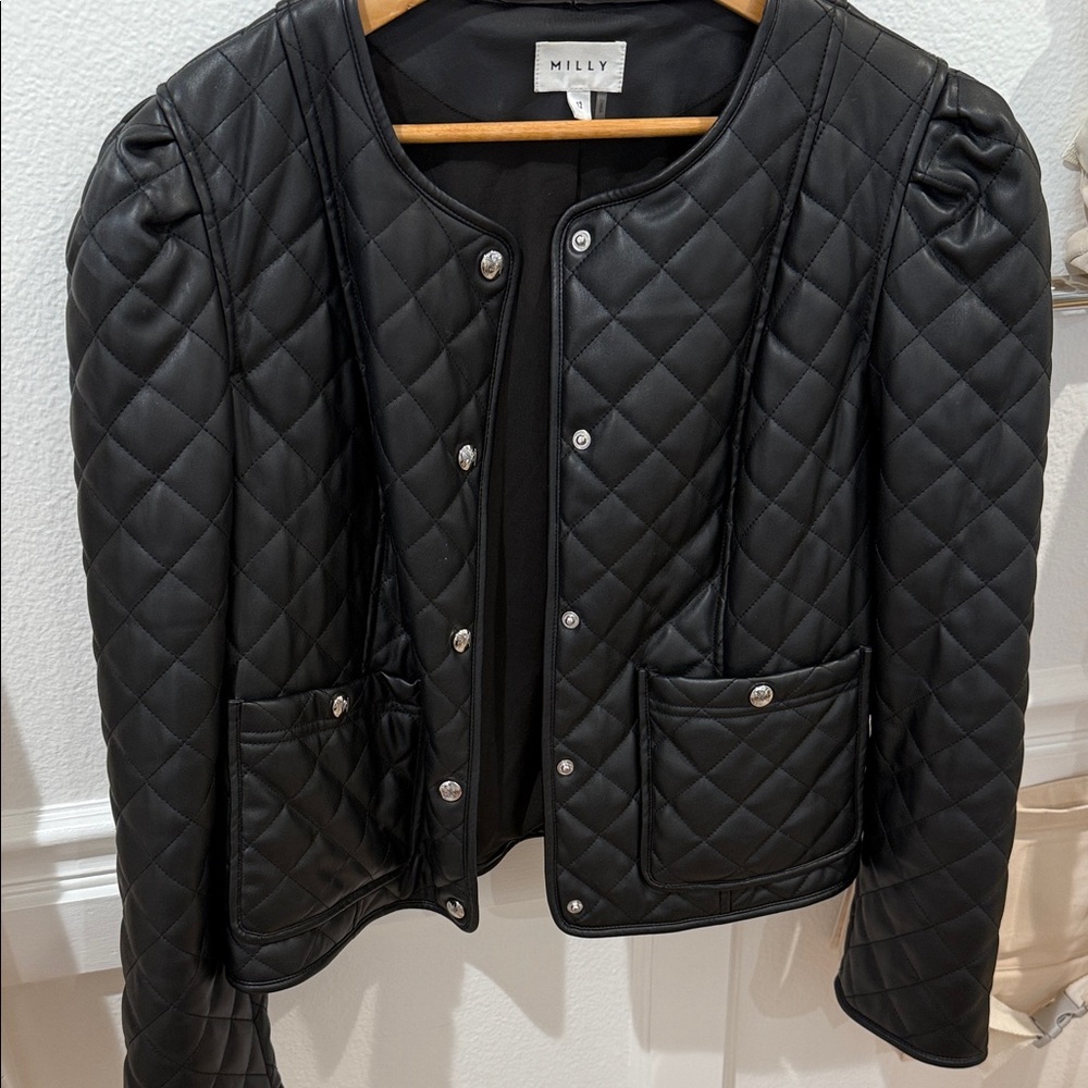 Milly Black Quilted vegan Leather Jacket size 12